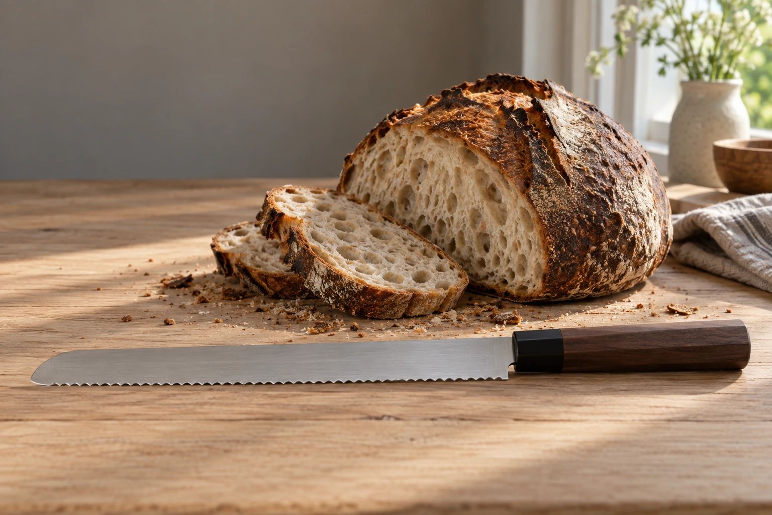 Ein Brotmesser mit Wellenschliff und Holzgriff vor einem Sauerteiglaib mit zwei Scheiben