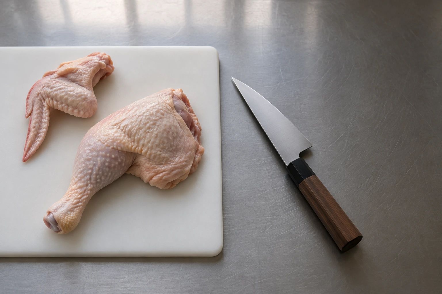 Ein kurzes, dreieckiges Honesuki auf Edelstahl neben rohem Hähnchenschenkel und Flügel auf weißem Brett