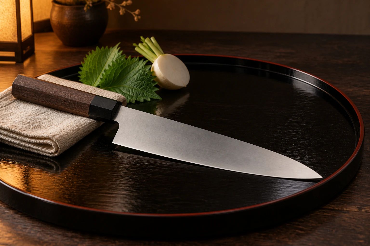 A gyuto on a black lacquer tray with a red rim, beside a folded cotton cloth, a shiso leaf and a small turnip