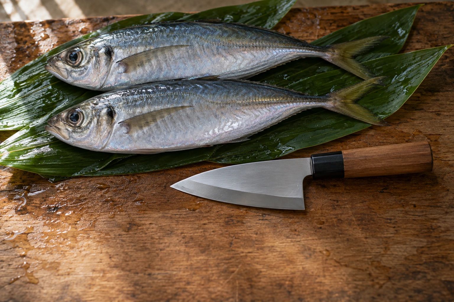 A small deba knife on a wet board beside two whole horse mackerel on bamboo leaves