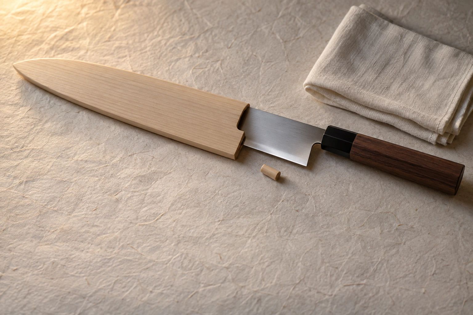 Un couteau à demi glissé dans un saya en bois, sur du washi, avec sa cheville en bois et un linge plié