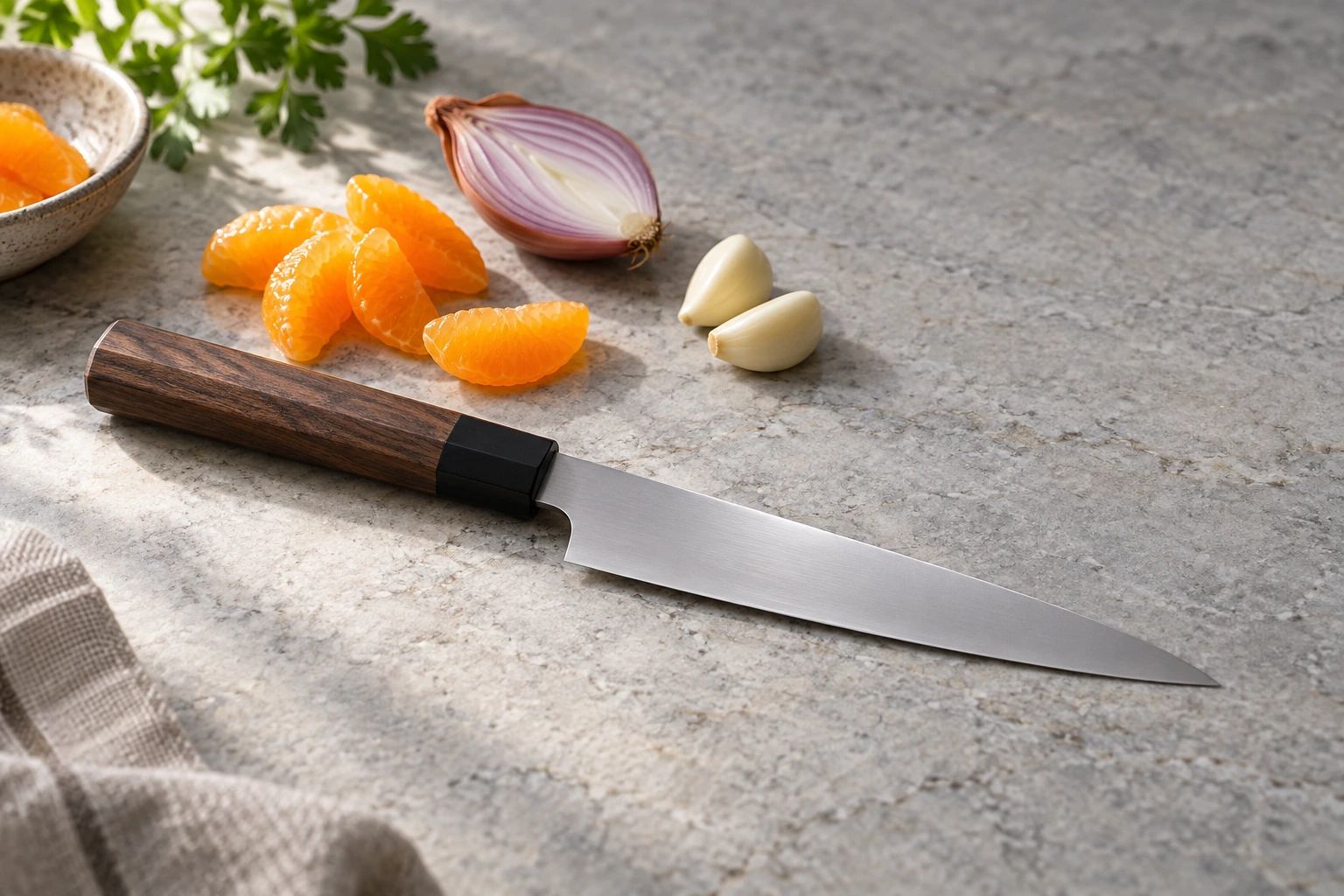 Ein Petty-Messer auf heller Steinplatte mit Orangenspalten, einer halbierten Schalotte und Knoblauch