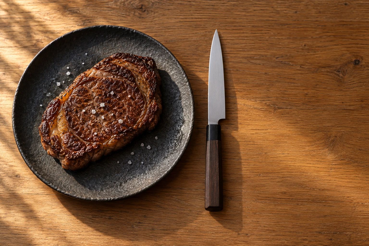 Ein Steakmesser mit glatter Schneide neben einem ungeschnittenen Steak auf dunklem Steinzeugteller