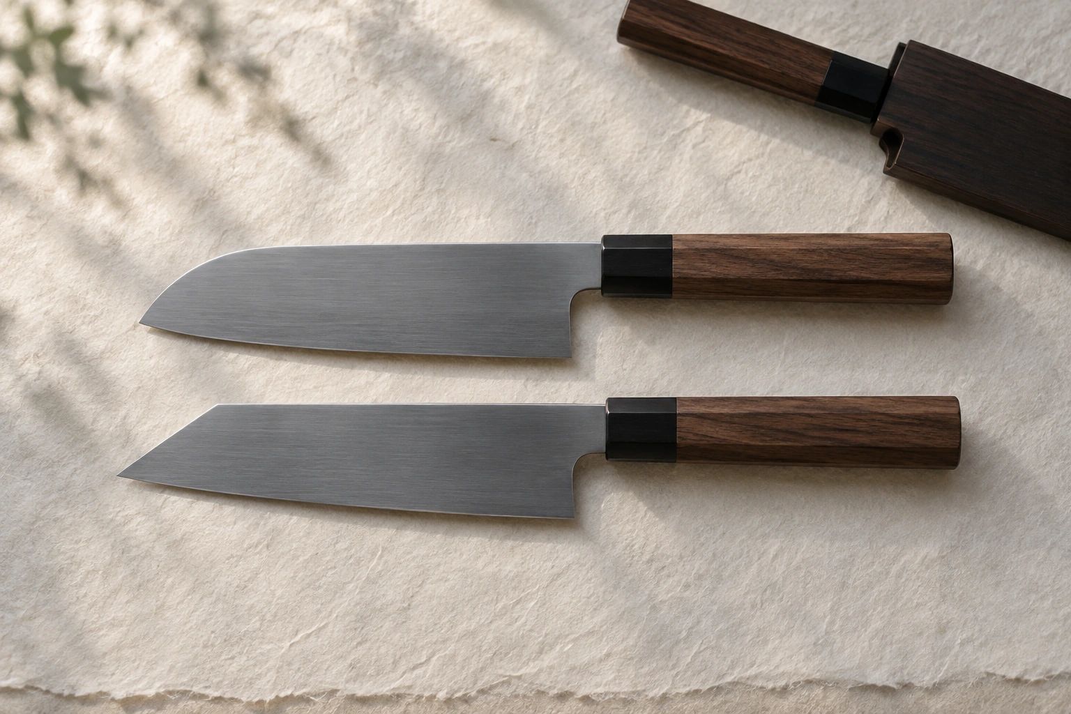 A santoku and a bunka side by side on washi, with the handle of a sheathed gyuto at the top edge