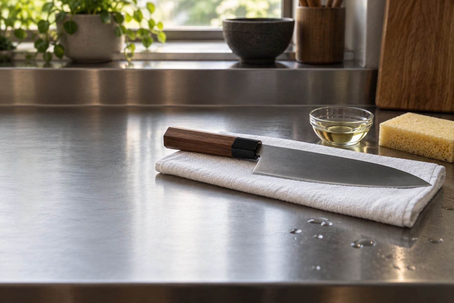 A washed and dried carbon steel gyuto on a white cloth on a steel counter, with camellia oil and a sponge