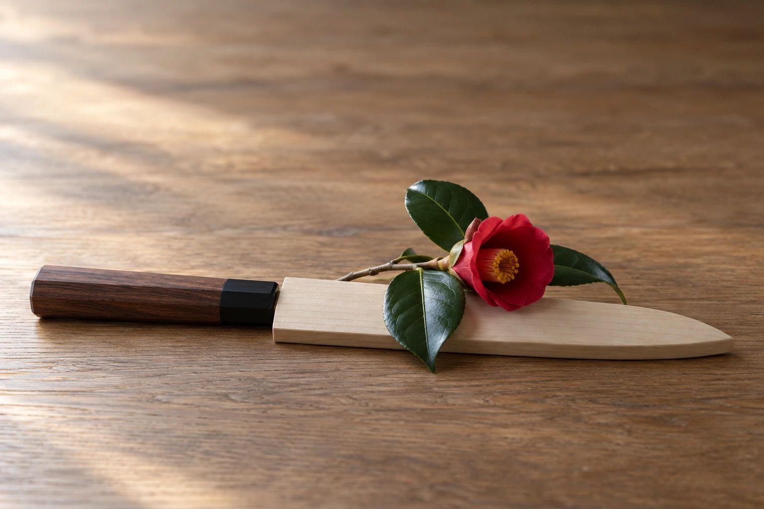 Un couteau dans un saya en bois, seul le manche visible, et un brin de camélia sur une table en chêne