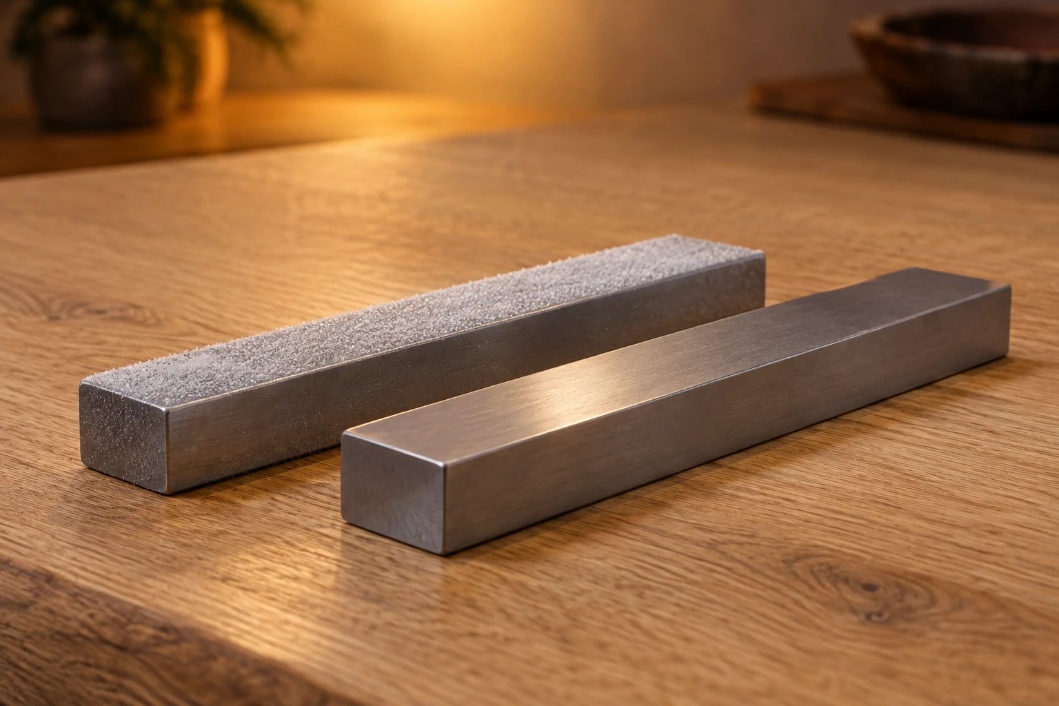Two identical steel bars side by side on an oak table, one of them coated in fine frost