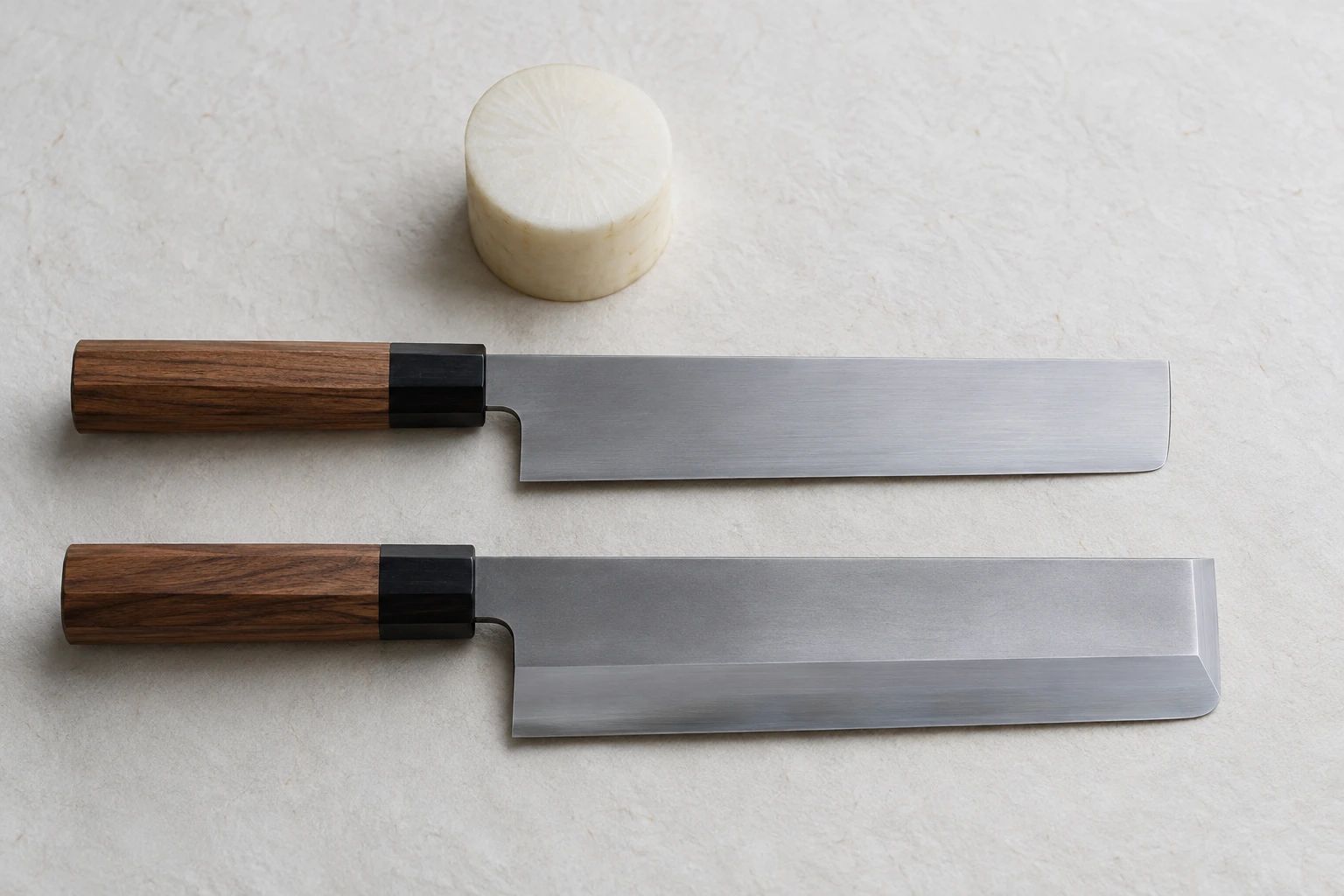 A thin nakiri above a taller single-bevel usuba, laid parallel on washi with a round of daikon