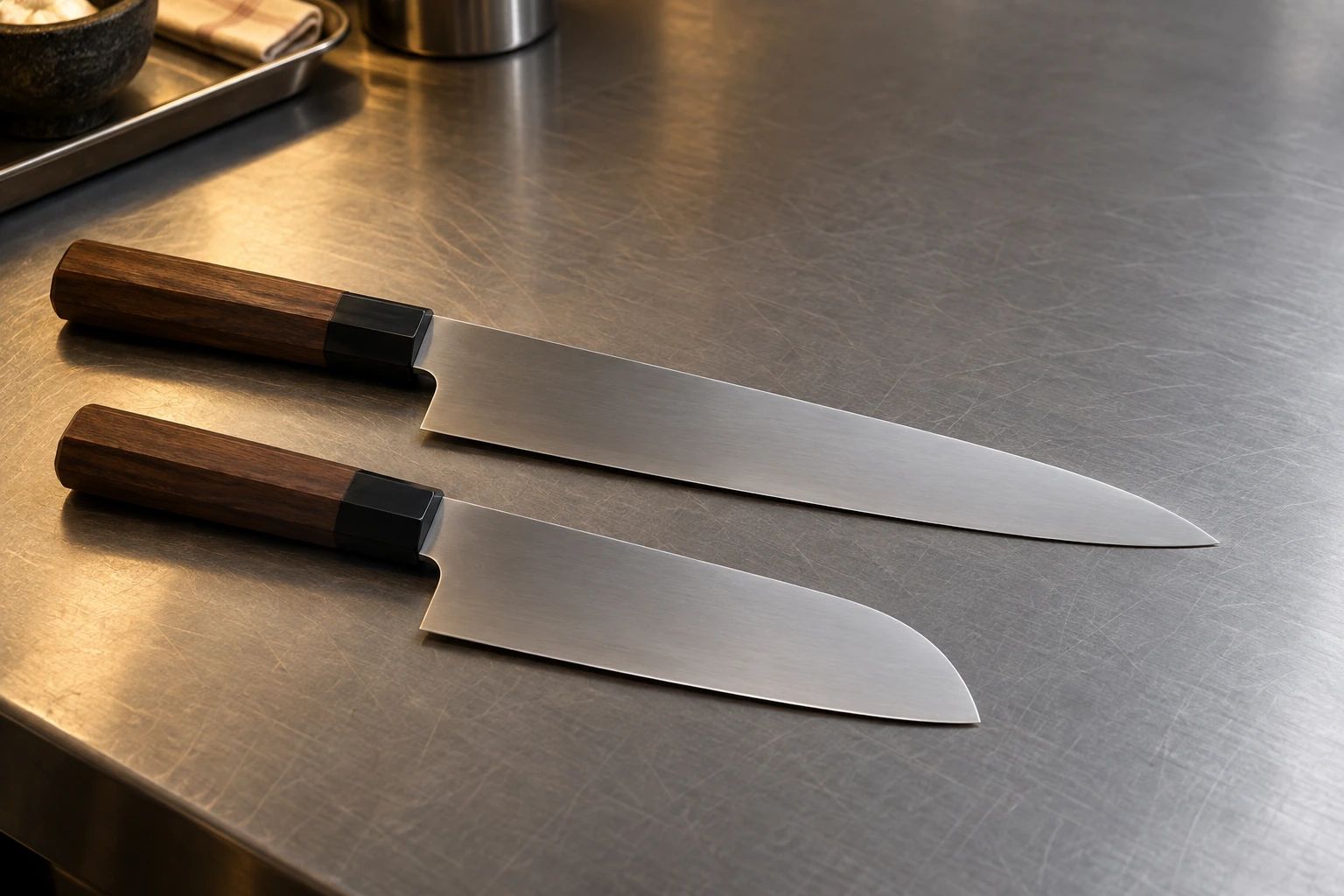 Ein längeres Gyuto und ein Santoku parallel mit bündigen Fersen auf einer Edelstahlarbeitsfläche