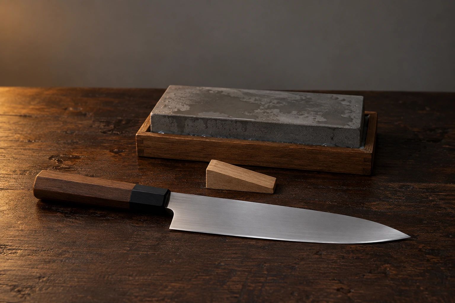 A gyuto lying flat on a dark counter in front of a small wooden wedge and a wet whetstone in a wooden holder