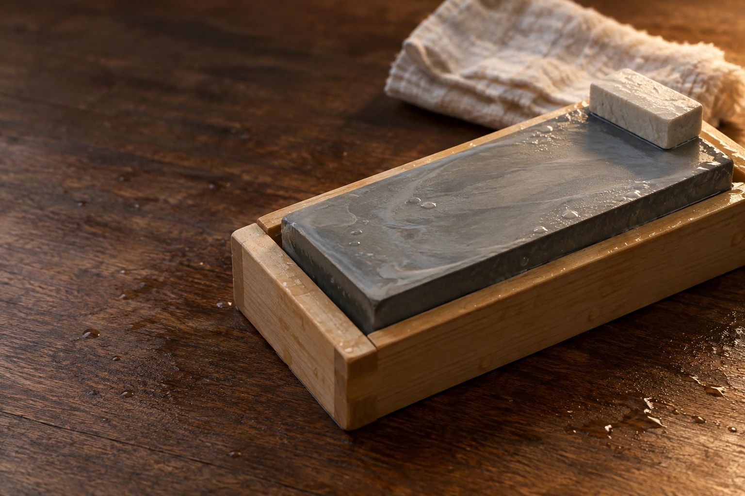 A wet whetstone with grey slurry in a hinoki holder, with a small nagura stone and a damp cloth