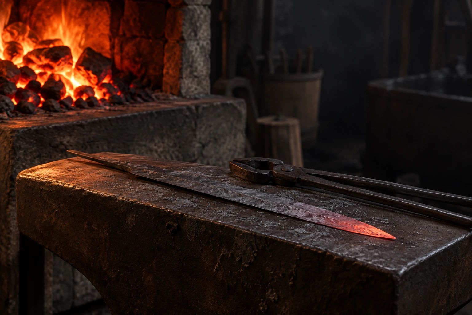 A long unhandled blade, still glowing at the tip, and tongs on an anvil beside a charcoal forge