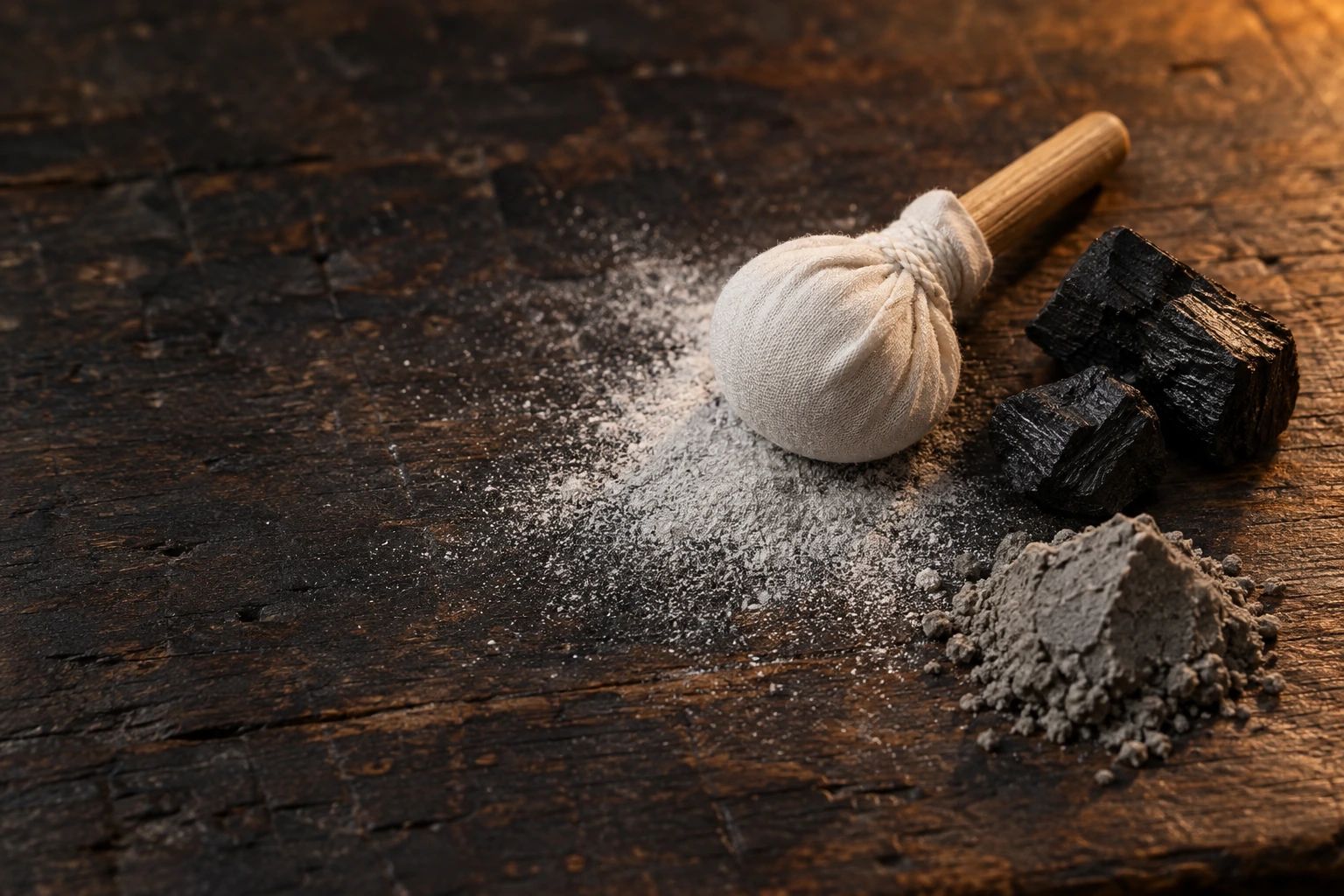 A round cloth powder ball on a stick, spilled powder, pine charcoal and a heap of grey clay on dark wood