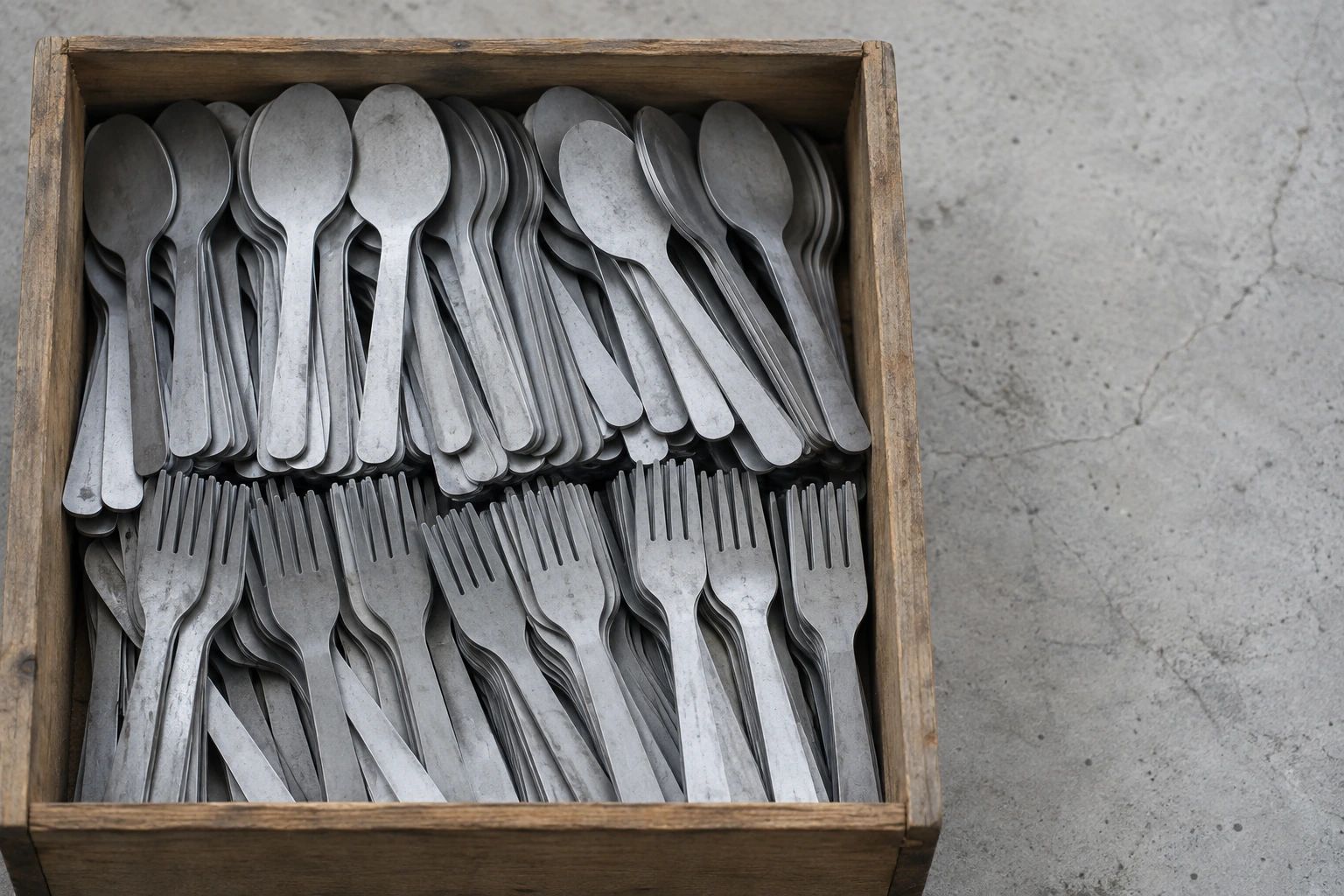 A wooden crate packed with unfinished stainless spoon and fork blanks