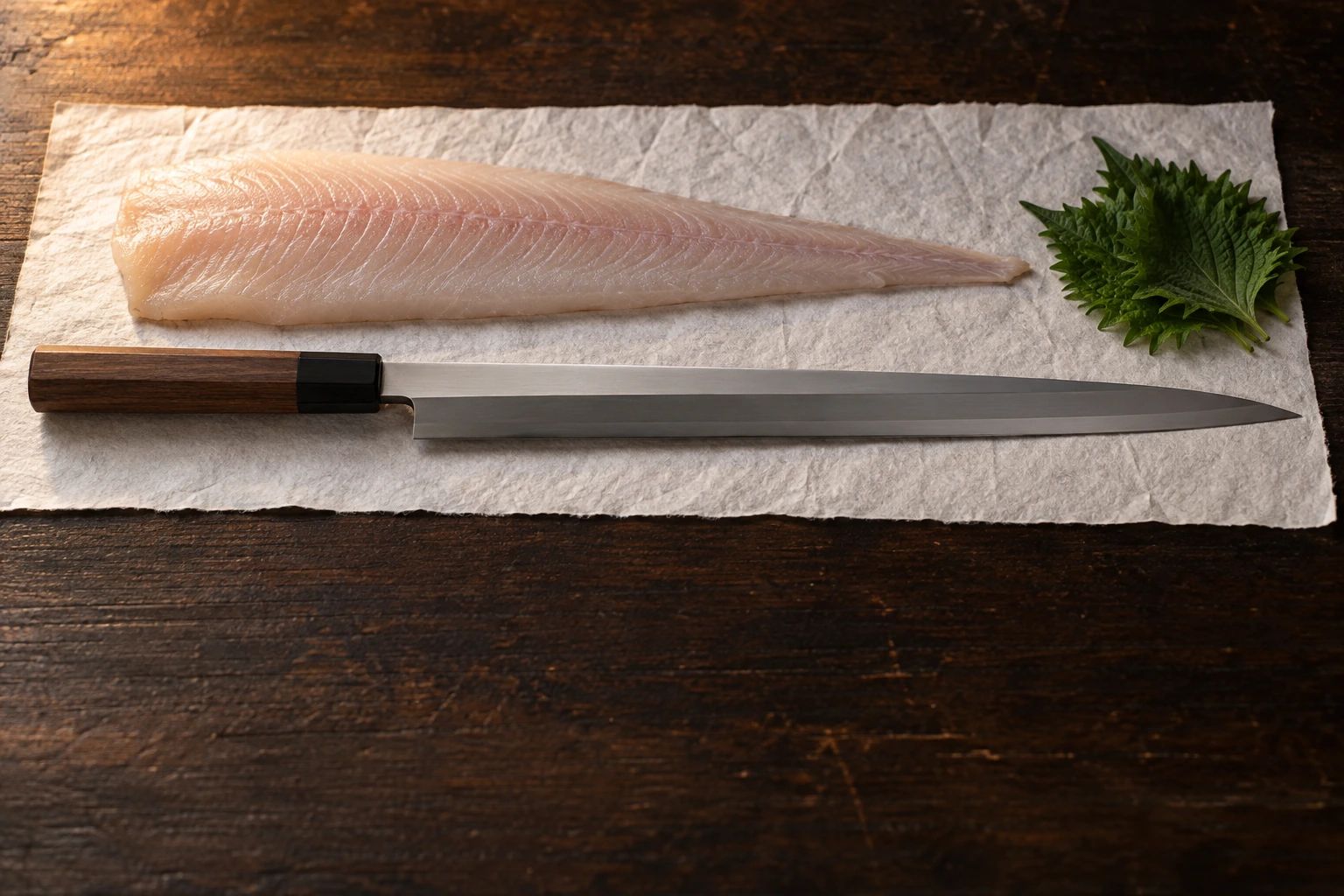 Ein Yanagiba auf weißem Washi auf dunkler Theke neben einem ungeschnittenen Weißfischfilet und Shiso