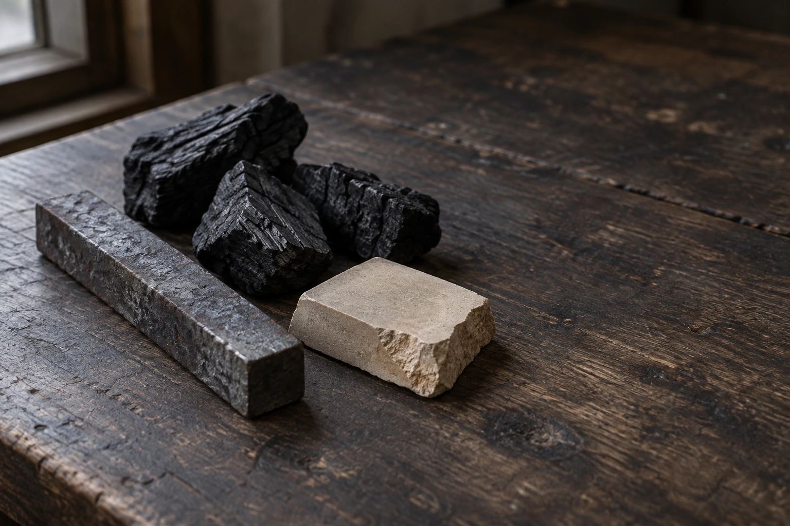 A forged square steel bar, pieces of pine charcoal and a chunk of whetstone on a dark oak table